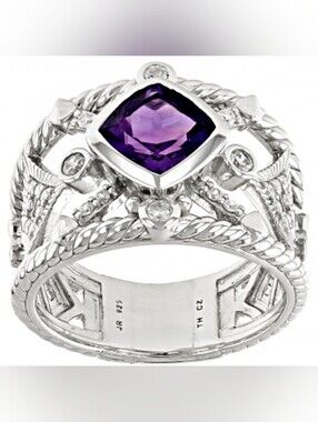 Judith Ripka Natural Amethyst and CZ ring in Rodium Plated 925 Sterling Silver.